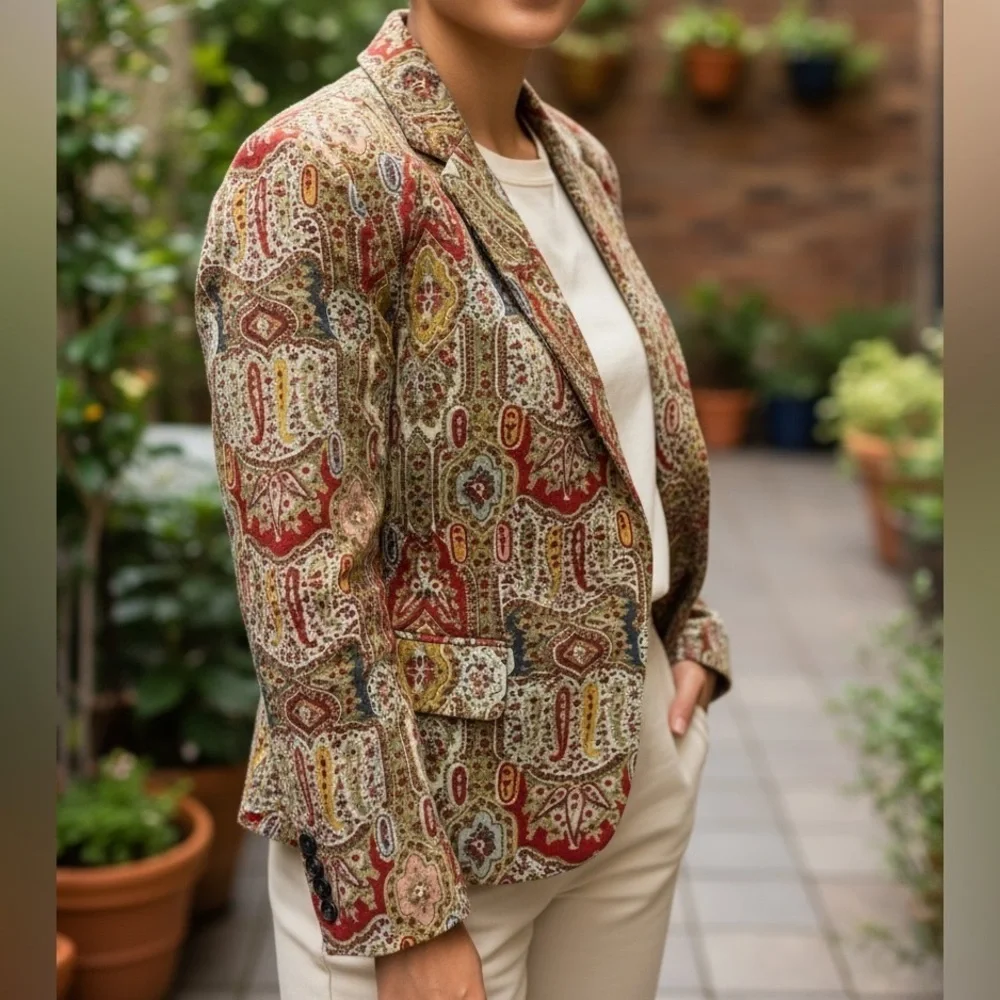 DKNY Women's Red and Cream Patterned Blazer - Picture 2 of 6